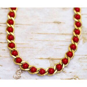 24 inch, Vintage Large Curb Style Chains Red Beads Necklace by Napier - BD1
